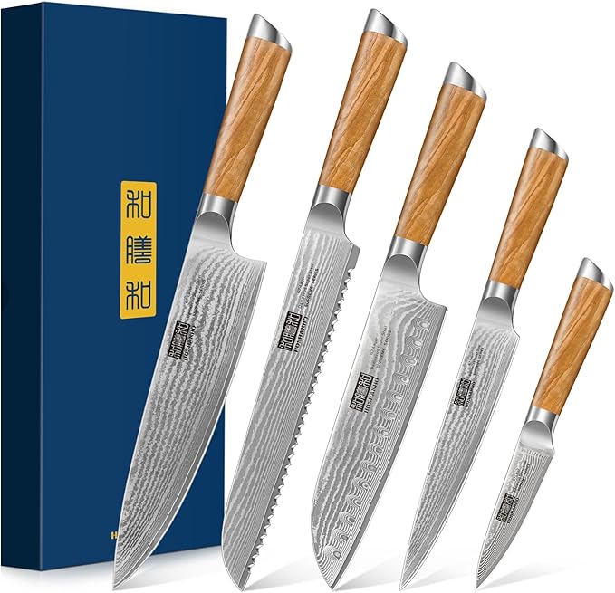 HOSHANHO 5 Pieces Kitchen Knife Sets, Ultra Sharp Professional Damascus Super Steel Chef Knives Sets with Ergonomic Olive Wood Handle, Including Chef, Bread, Santoku, Utility & Paring Knives