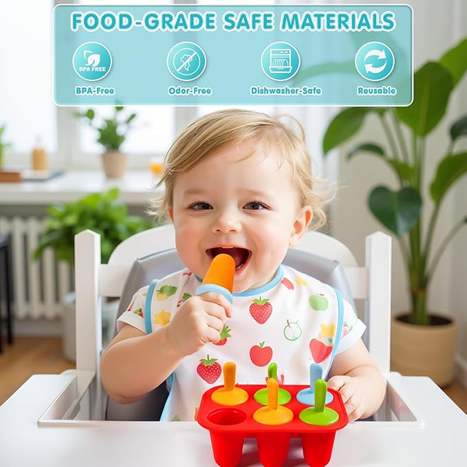 Miaowoof Silicone Popsicles Molds for Toddlers, 6-Cavity Non-BPA Premium Silicone Small Popsicle Molds, Ice Pop Mold with 6 Colorful Reusable Sticks for Kids (Red)