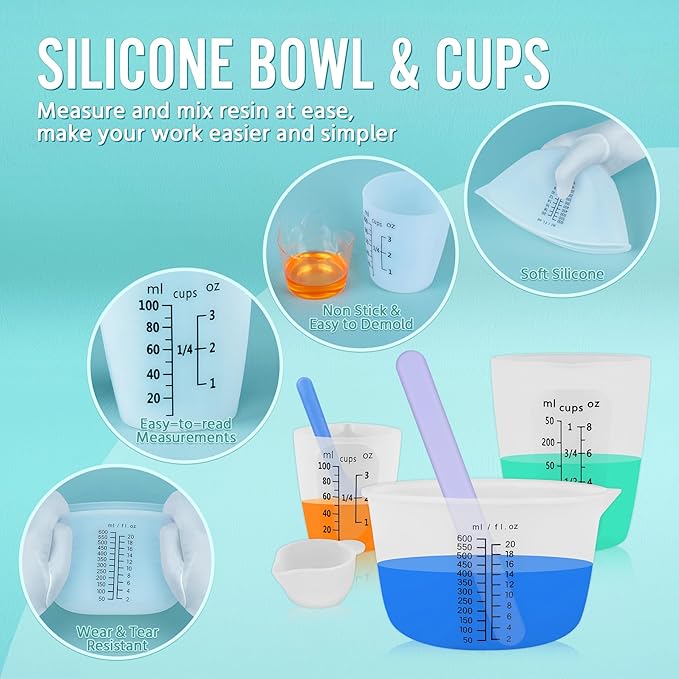 Silicone Resin Mixing Measuring Cups for Resin Supplies, Easy-to-read Marks, 600ml/20oz Bowl, 250&100ml Thickened Reusable Silicone Cups for Epoxy Mixing, with Stir Sticks, Jewelry Making