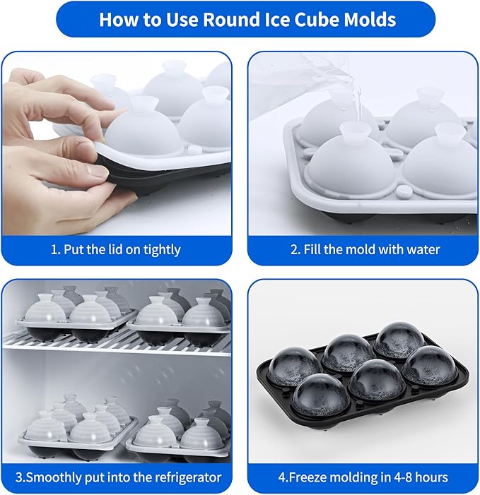 6 Chamber 2.2" 3D Round Ball Ice Cube Tray With Funnel,Large Circle Ice Ball Maker Mold Silicone Fun Shapes Bourbon Sphere Ice Cube Molds,For Chilling Whiskey,Cocktails,Bourbon,Brandy and Beverages