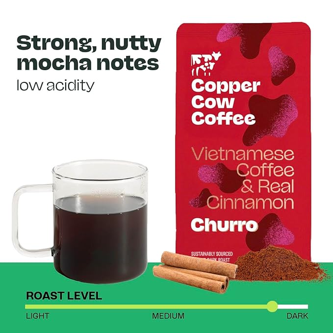 Copper Cow Premium Vietnamese Ground Coffee, 10 OZ | Churro Flavored Coffee | Dark Roast Made with Real Cinnamon | Vietnamese Coffee