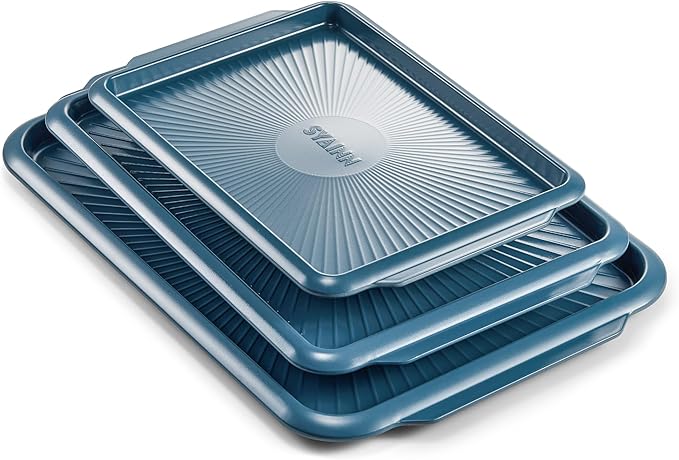 SYAINN Non-stick Ceramic Baking Sheet Set, 3 Pieces- Aluminum Steel Cookie Sheets for Baking-Includes Half/Quarter/Jelly Roll Pans-Warp Resistant, Toxic, PTFE & PFOA Free-Blue