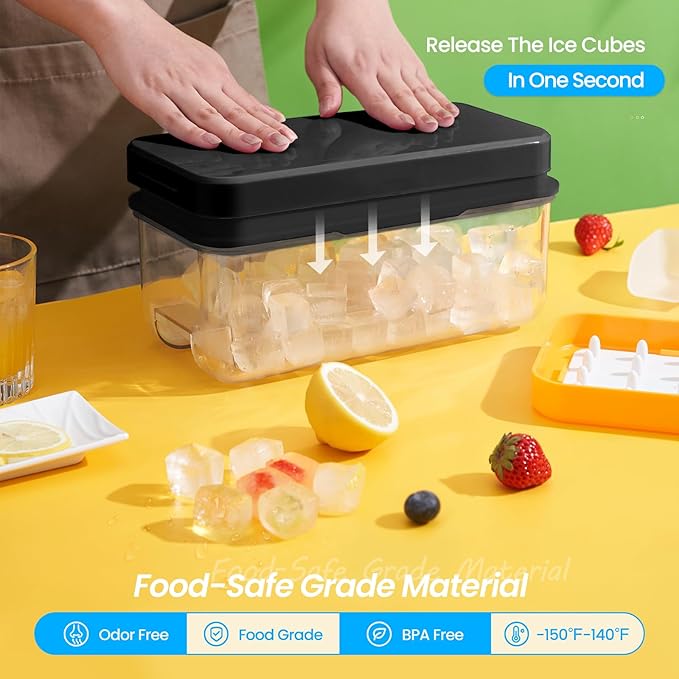 Ice Cube Tray with Lid and Bin, PHINOX 64 pcs Ice Trays for Freezer, Ice Cube Trays for Freezer with 2 trays, Container, Lid & Ice Scoop, BPA Free, Black