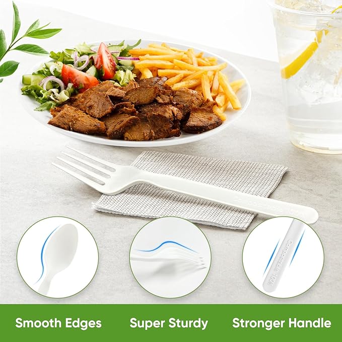 300 Count Compostable Forks Bulk No Plastic Forks Heavy Duty Biodegradable Forks Eco Friendly Cutlery for Lounge Party Wedding Picnic Camping