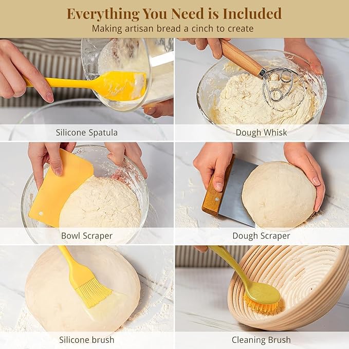 Sourdough Starter Kit, Sourdough Bread Baking Supplies with 2 Pcs 10" Oval Banneton Bread Proofing Baskets, Dough Scraper, Dough Whisk, Bread Lame, Silicone Sling, Spatula, Recipe
