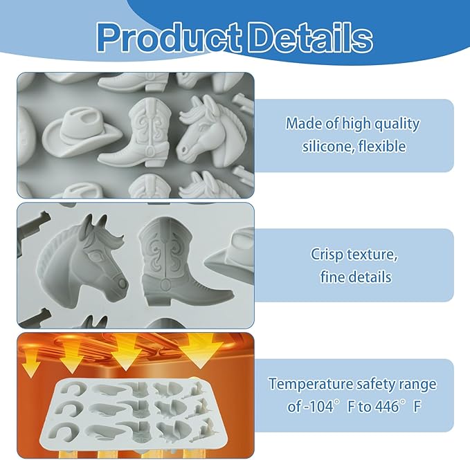 2 Pack Cowboy Chocolate Molds, Western Theme Silicone Mold Baking with Cowboy Hat, Cowboy Boot and Horse, Suitable for Making Chocolate, Candy, Cakes, Cupcakes, And Cookies Soaps (Grey-1PCS)