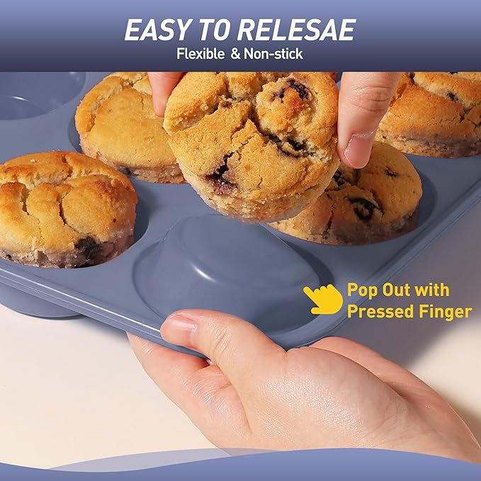 2 Pack 6 Cups Jumbo Muffin Pan with Metal Reinforced Frame Silicone Molds Egg Bites Silicone Circle Cookie Molds Extra Large Muffin Tin Jumbo Tart Pans Baking Sheet Set for Sandwiches