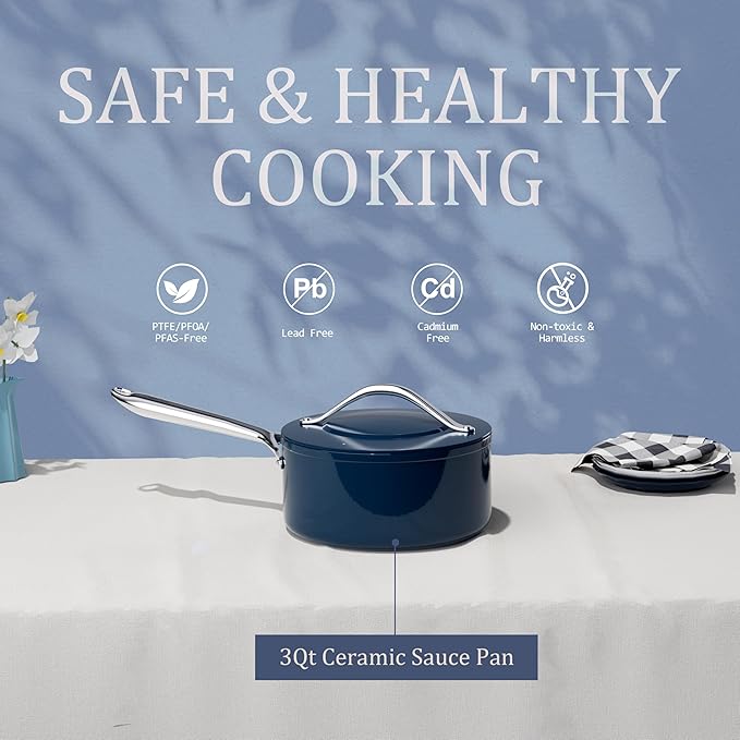3.5QT Nonstick Ceramic Sauce Pan with Lid 8" Soup Pot Even Heat Distribution, Non Toxic PFAS-Free Healthy Cooking Pot for All Stovetops (Induction/Gas/Electric) Oven Safe 500°F, Navy Blue
