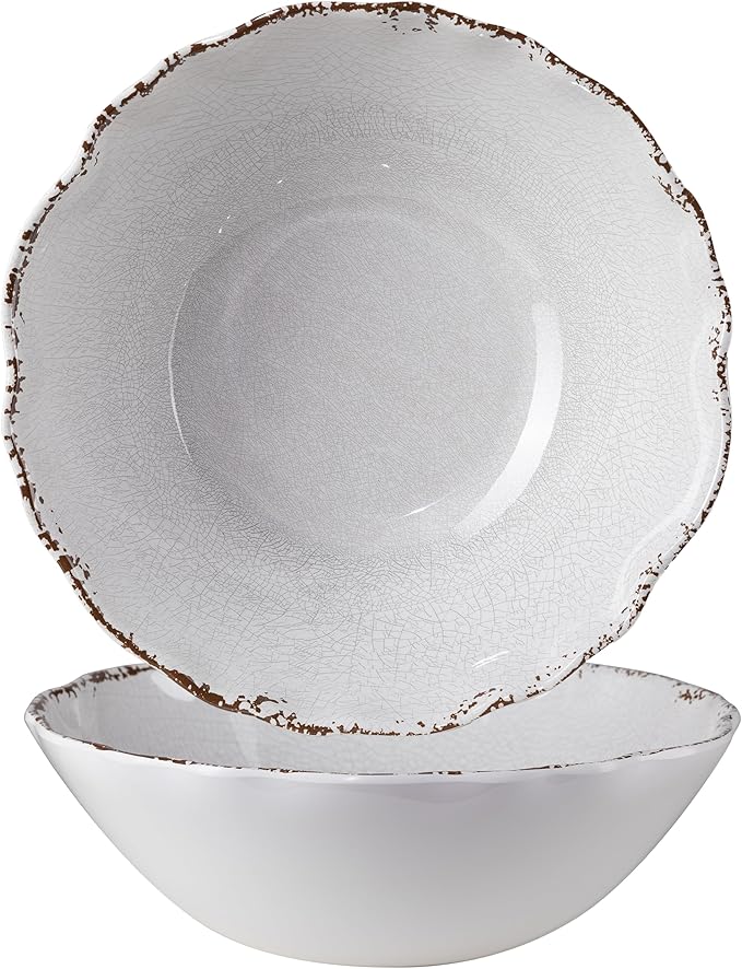 Rustic Melamine Serving Bowls, 12 inch Larger Salad Bowl Set, Set of 2, Farmhouse White large Melamine Bowl, Lightweight and Unbreakable, Dishwasher Safe…