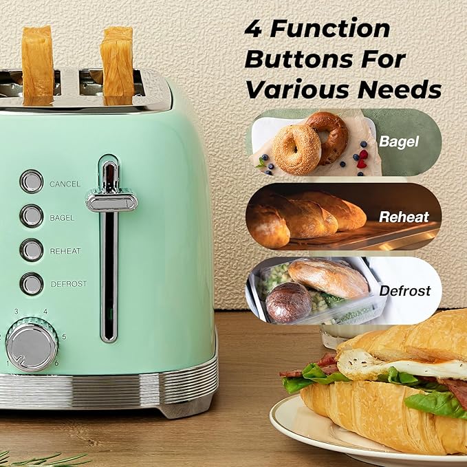 Toaster 2 Slice Retro Stainless Steel with 1.5” Extra Wide Slots Bagel, Defrost, Reheat, Cancel Functions, 6 Bread Shade Settings, Removable Crumb Tray, Aqua Green