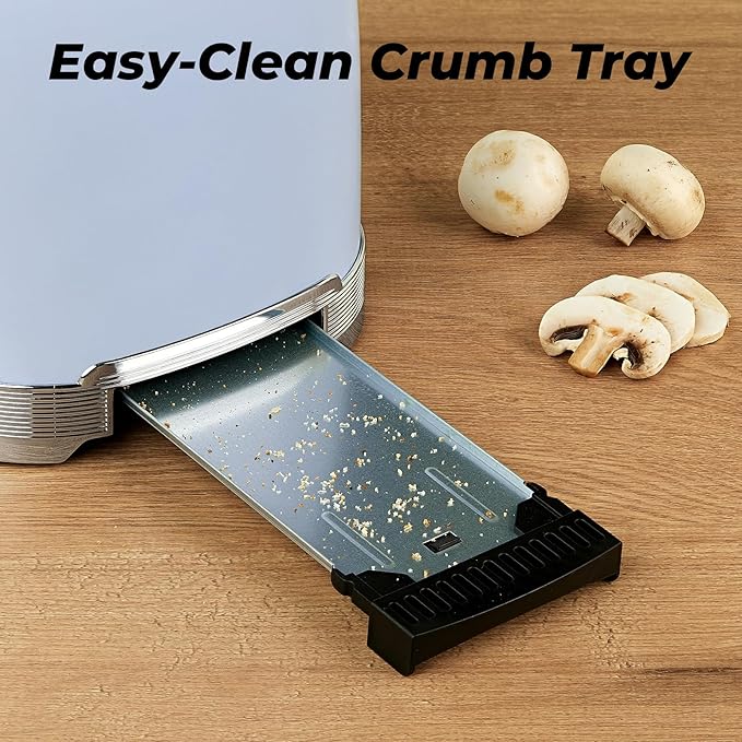 Toaster 2 Slice Retro Stainless Steel with 1.5” Extra Wide Slots Bagel, Defrost, Reheat, Cancel Functions, 6 Bread Shade Settings, Removable Crumb Tray, Blue