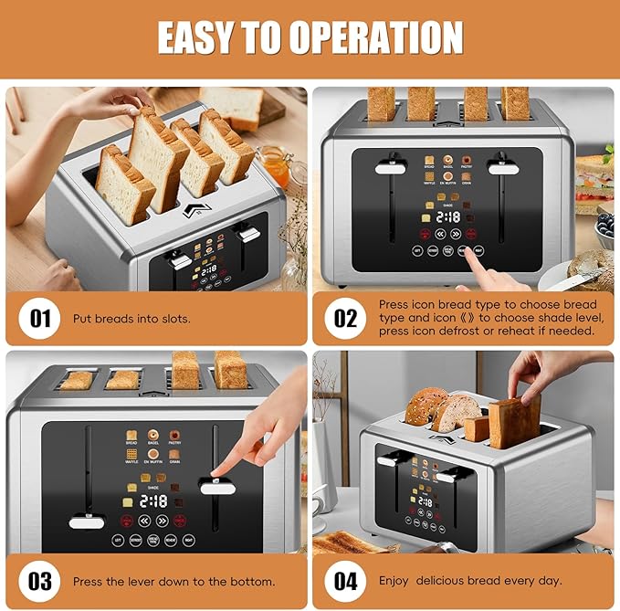4 Slice Toaster, Touchscreen & Dual Independent Control Panel，5 Basic Functions & Digital Countdown Toasters, 6 Shade Settings＆6 Bread Types, Smart Bread Maker Mute/Screen-Off,Brushed steel