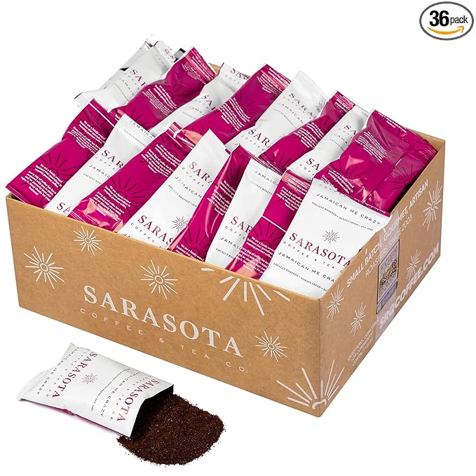 Sarasota Coffee Ground Packets | Gourmet Flavored Medium Roast Bulk Coffee Packs | Jamaican Me Crazy | Low Acid Mold Free Singles Individual Pouches for 12 Cups | 2.5 Ounce Bags, 36 Count