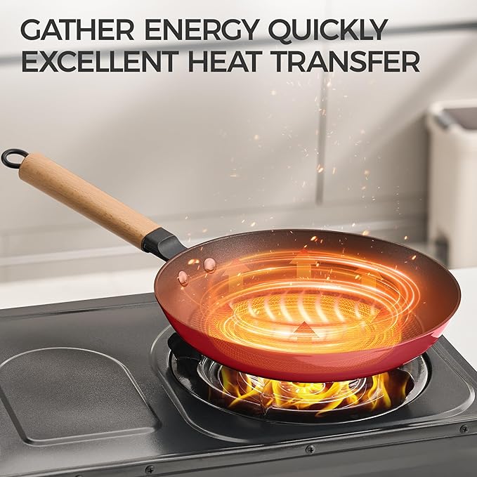 YUTANN 10" Pre-seasoned Cast Iron Skillet,Enameled Non-stick Frying Pan with Detachable Wooden Handle,Lightweight Non-toxic,Dishwasher Oven Safe (500°F)