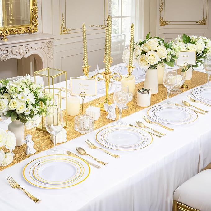 WDF300 Pieces Gold Plastic Silverware - Heavy Duty Disposable Cutlery Set Plastic Gold Silverware Set Includes 100 Forks, 100 Spoons, 100 Knives for Party/Thanksgiving
