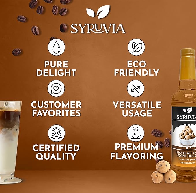 Syruvia Chocolate Chip Cookie Dough & Blue Curacao Syrup - 25.4 fl oz. Premium Coffee Flavoring Syrup. Kosher, and Gluten-Free. Ideal for Enhancing Drinks, Sodas, Shakes, Desserts, and More.