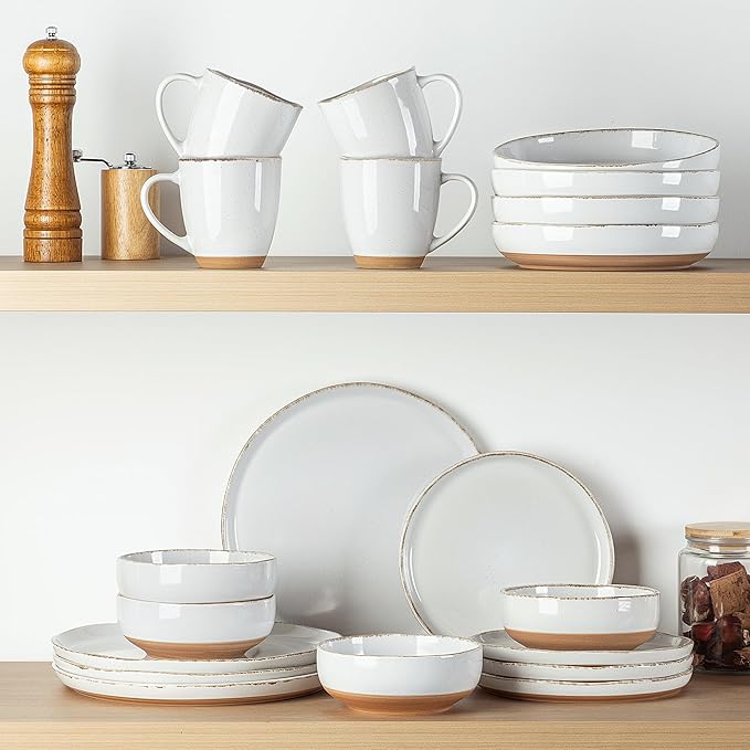 AmorArc Ceramic Dinnerware Sets for 4, 12 Pieces Handpainted Plates and Bowls Set with Rustic Terracotta Underside, Scratch Resistant Stoneware Dishes Set, Dishwasher & Microwave Safe, White