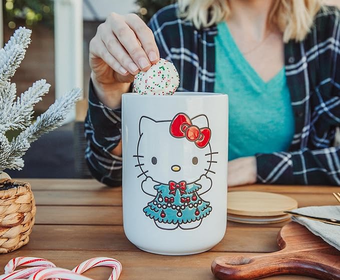 Hello Kitty Sanrio Holiday Ceramic Snack Jar Container With Lid | Kitchen Food Storage For Cookies, Candy | 7 Inches Tall