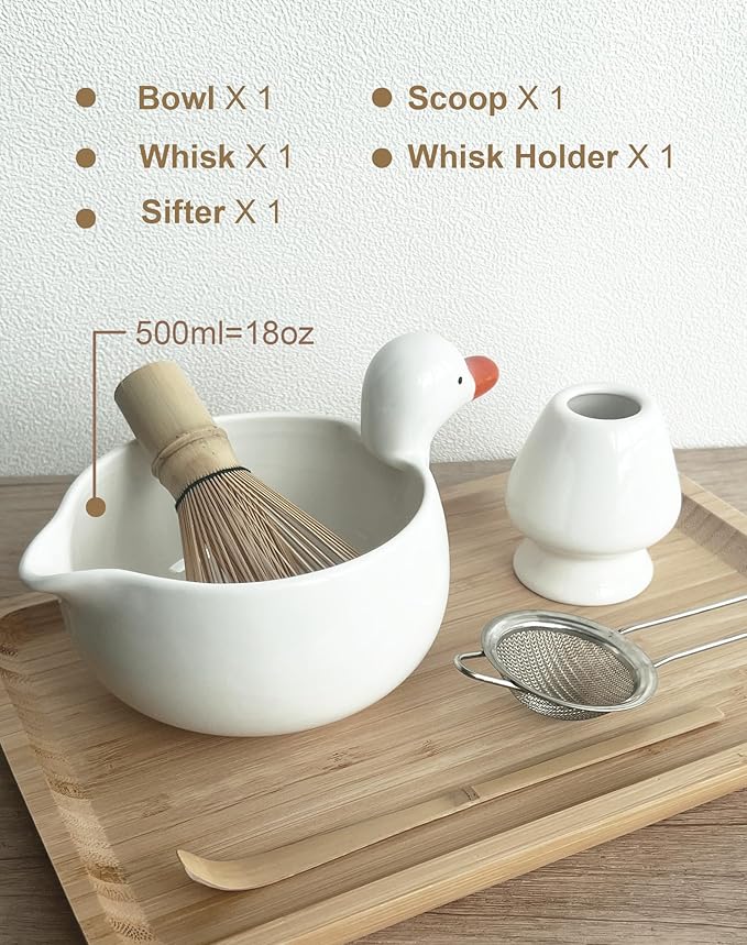 Matcha Whisk Set, Matcha Set with Cute Duck Inspired Matcha Bowl with Spout & Handle, Bamboo Whisk (Chasen), Holder, Scoop, Sifter, Complete Matcha Kit for Latte, Gifts