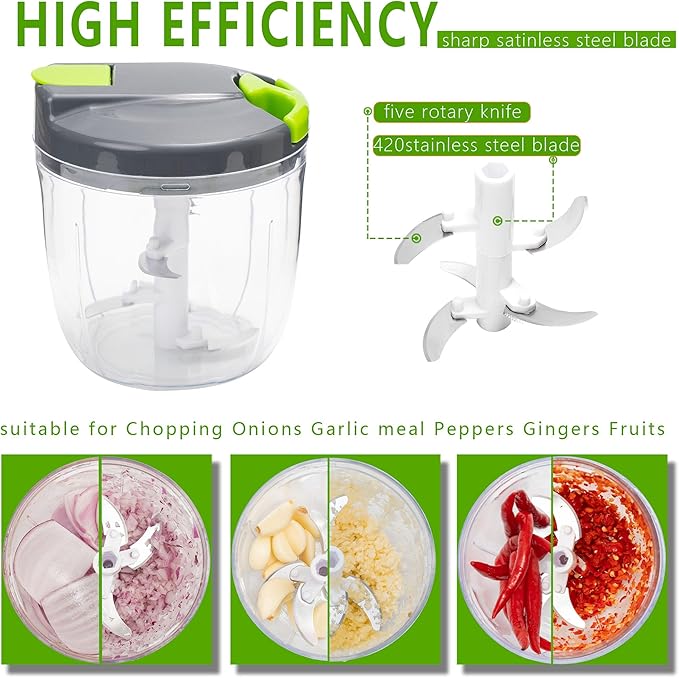 Manual Food Processors & Chopper with Cover and Handle, Manual Onion Chopper Slicer Cutter, Vegetable Chopper, Suitable for Garlic Carrots Onions Peppers Fruits Mincing.（900ML）