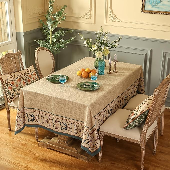 patdrea Designer French Linen Long Tablecloth for Rectangle Table,Beige Anti-Wrinkle Floral Farmhouse Table Cloth,Decor Covers for Kitchen Dining,Tea Party,Christmas,Thanksgiving,63"x94"-Fram