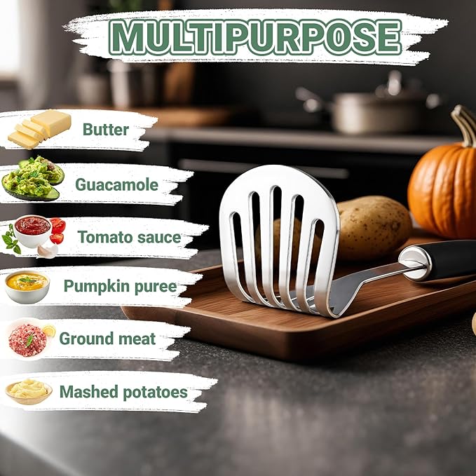 Potato Masher Stainless Steel Heavy Duty Mashed Potato Masher Kitchen Tool for Mashed Potatoes, Bean,Vegetable,Fruits, Avocados, Meat,Dishwasher Safe, 10 Inch