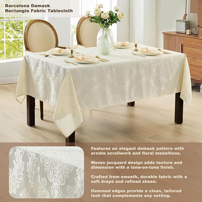 Newbridge Barcelona Luxury Damask Fabric Tablecloth, 70” Extra Wide x 144” Rectangle, Antique White, 100% Polyester, No Iron, Soil Resistant Dining Room, Party and Banquet Table Cover
