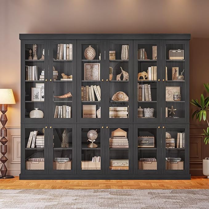 70.8" Bookshelf with Glass Doors, Farmhouse Modular Bookcase with 6-Tier Adjustable Shelves, Large Storage Cabinet for Living Room & Home Office, Black