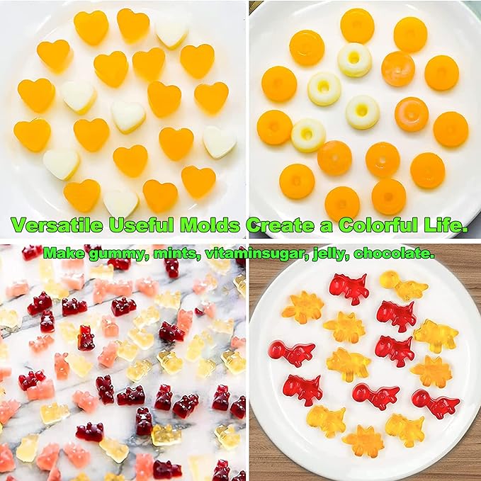 KRLIFCSL Gummy Molds 6 Pcs Set 299 Candies, 16 Shapes with 4 Droppers, 1 Clean Brush & 50 Package Bags, Including Dinosaur, Hearts, Sea Animals Nonstick Chocolate Molds (Mini Multicolor)