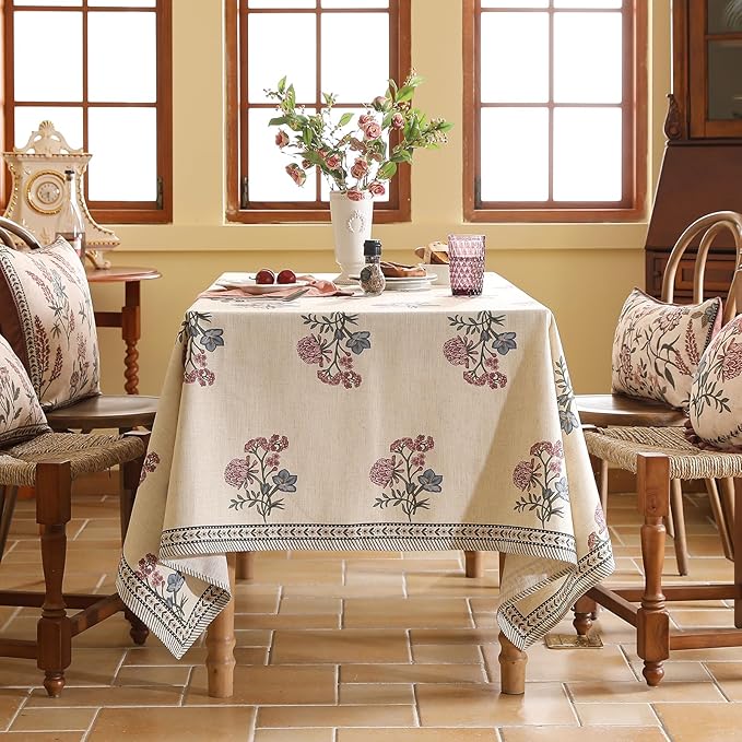 ISAENNE Designer Linen Light Beige Long Tablecloth Rectangle,French Colorful Floral Table Cloth,Stain Resistant Decor Tablecloths for Dining Thanksgiving Christmas Kitchen,63"*94"-Helena E