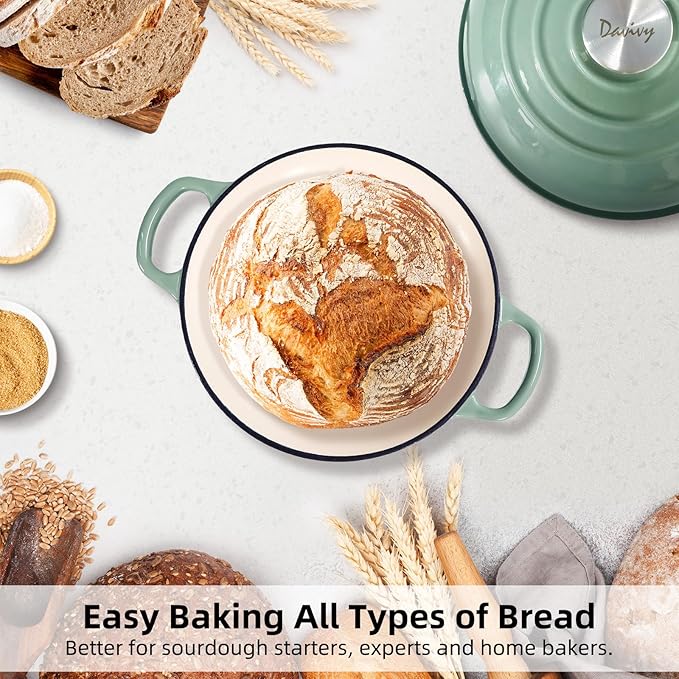 Davivy 5.5QT Cast Iron Sourdough Pan, 10" Round Dutch Oven for Bread, Enameled Cast Iron Dutch Oven for Sourdough Bread, Bread Baking Cloche, with Silicone Baking Mat - Sea Salt Green