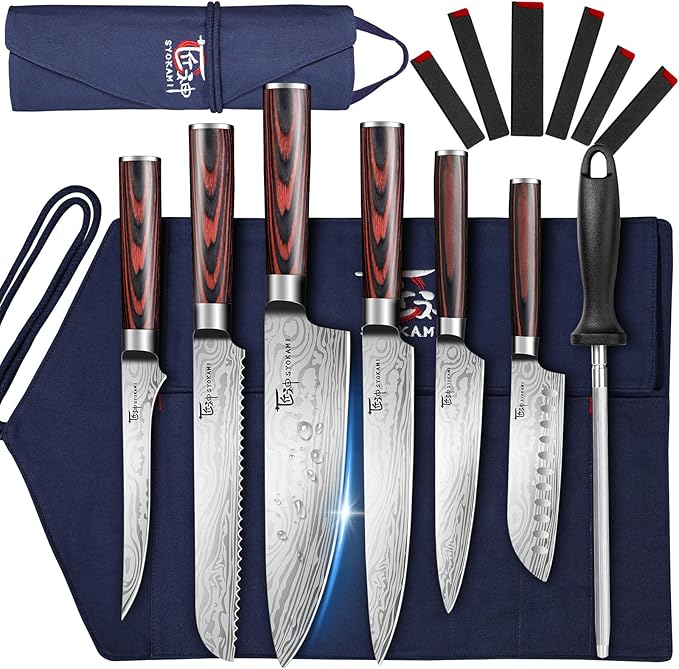 14pcs Chef Knife Set with Roll Bag, Professional Stainless Steel Japanese Knife Set with Pakkawood Handle for Professional Chef, Camping, Travel, BBQ, RV or Gift Blue