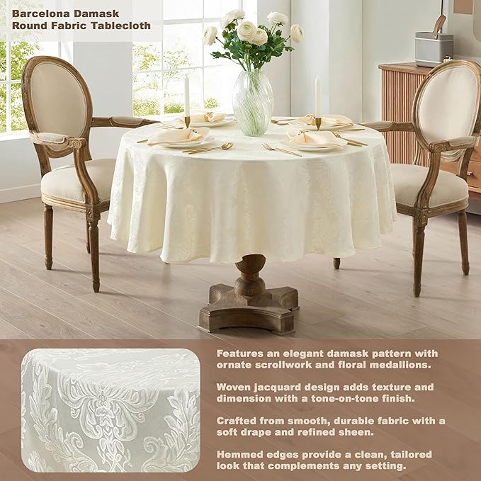 Newbridge Barcelona Luxury Damask Fabric Tablecloth, 70” Round, Antique White, 100% Polyester, No Iron, Soil Resistant Dining Room, Party and Banquet Table Cover