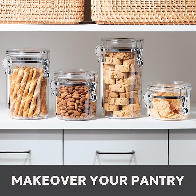 Oggi 4pc Clear Canister Set with Clamp Lids & Spoons - Airtight Food Storage Containers, Ideal for Kitchen & Pantry Storage of Bulk, Dry Food Including Flour, Sugar, Coffee, Rice, Tea, Spices & Herbs