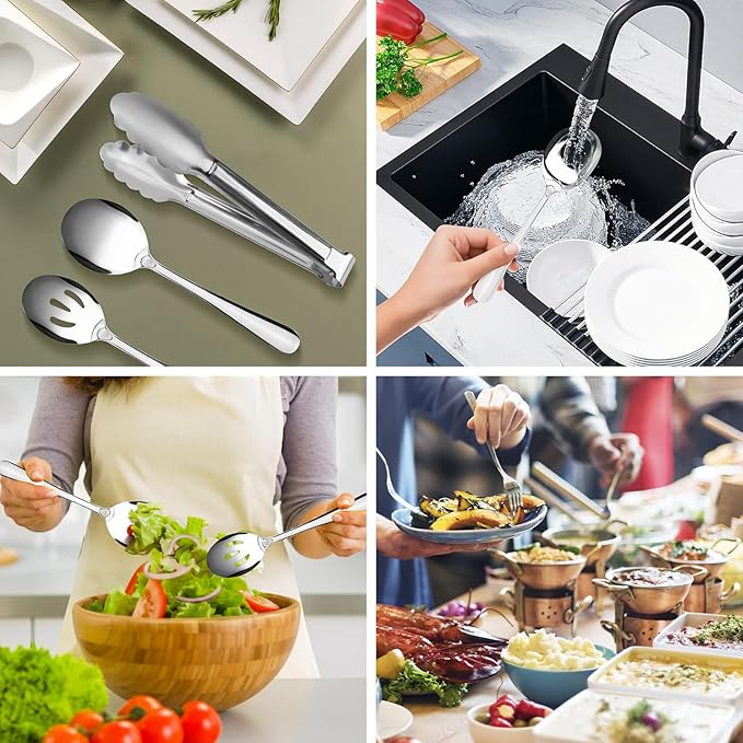17PCS Serving Utensils Set Flatware, Stainless Steel Serveware Large Serving Spoons, Slotted Spoons, Forks, Tongs, Cake Server,Soup and Skimmer Spoon for Buffet, Catering, Party, Dinner (Silver)