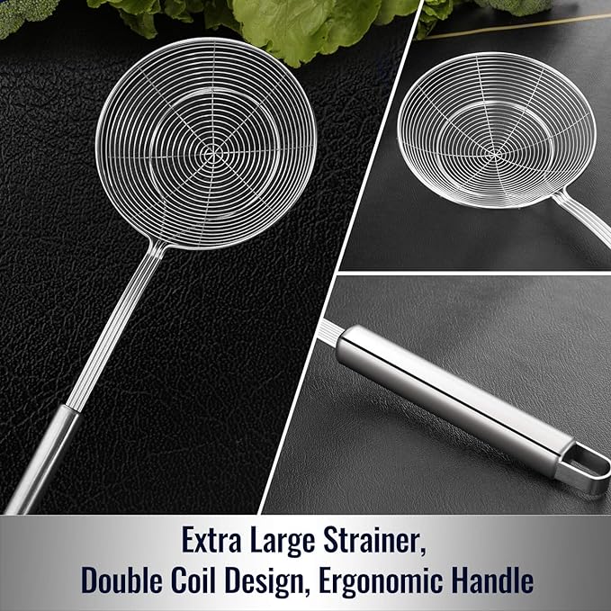 Hiware Solid Stainless Steel Spider Strainer Skimmer Ladle, Kitchen Utensils Wire Strainer Pasta Spoon, 7 Inch
