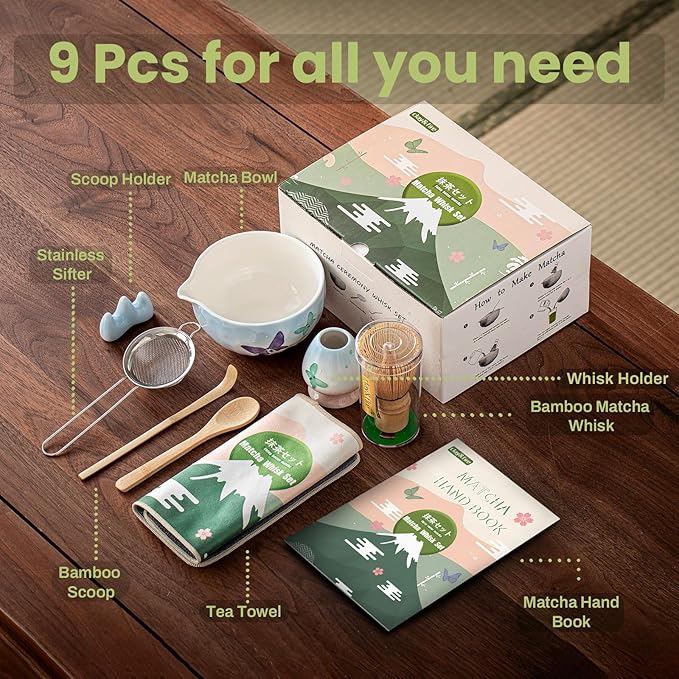Clay&Fire Matcha Whisk Set，9 Pcs Ceramic Matcha Set, 15 OZ Matcha Bowl with Spout and Whisk，Matcha Kit for Friend, Ideal Gift for Matcha Lover（Butterfly）