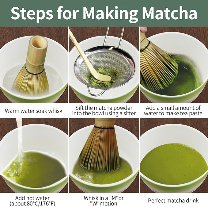 Matcha Whisk Set, 7-Pcs Matcha Set Includes Gradient Ceramic Matcha Bowl and Chasen Holder, Bamboo Whisk, Stainless Sifter, Teaspoon, Tea Towel, Spoon, Matcha Kit for Tea Lovers (Green)