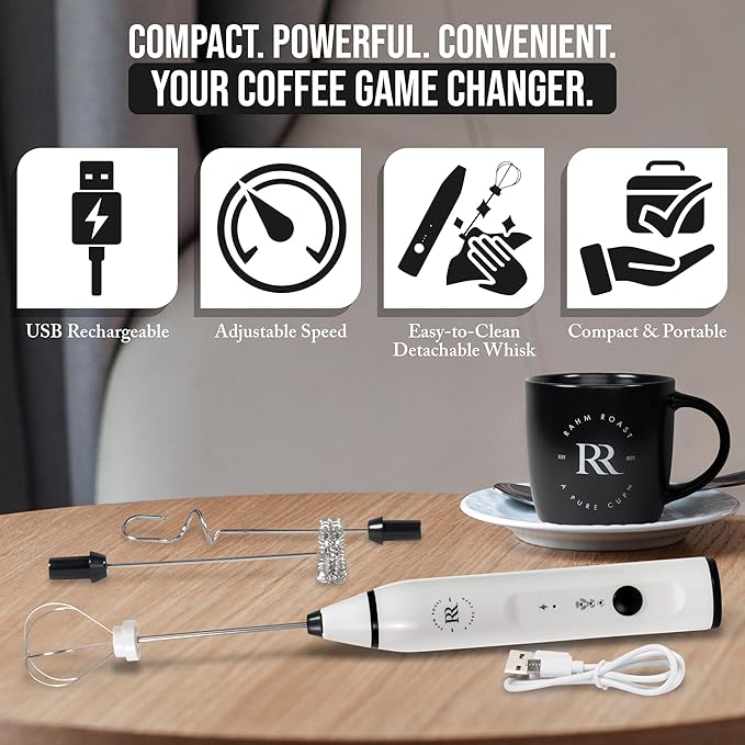 Frother Handheld - Powerful Coffee Frother Wand Rechargeable, Ultra Fast Milk Frother Handheld, Electric Whisk Drink Mixer with Stainless Steel for Coffee, Lattes, Matcha | White