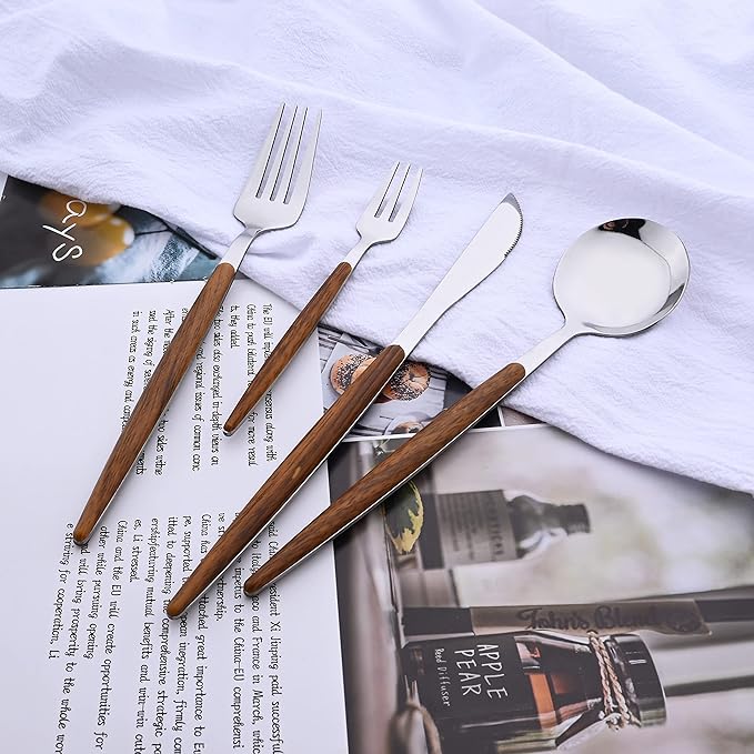 16-Piece Silverware Set with Cake Fork, Silver Stainless Steel Flatware Cutlery, Eating Utensils with Wooden Effect Handle, Includes Knife, Fork, Spoon, Mirror Finish, Dishwasher Safe