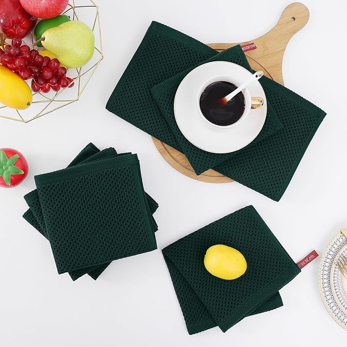 Homaxy 100% Cotton Waffle Weave Kitchen Dish Towels, Ultra Soft Absorbent Quick Drying Cleaning Towel, 13 x 28 Inches, 4-Pack, Blackish Green