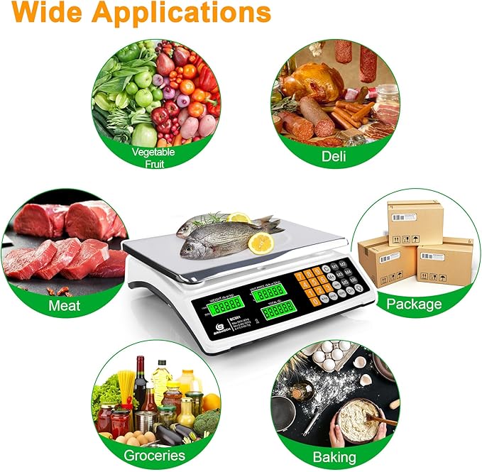 Price Computing Scale 88lb/40kg Commercial Food Scale for Produce Meat Weighing, LCD Display and Green Bright Backlight for Farmers Markets, Meat Shop, Deli, （Not for Trade）