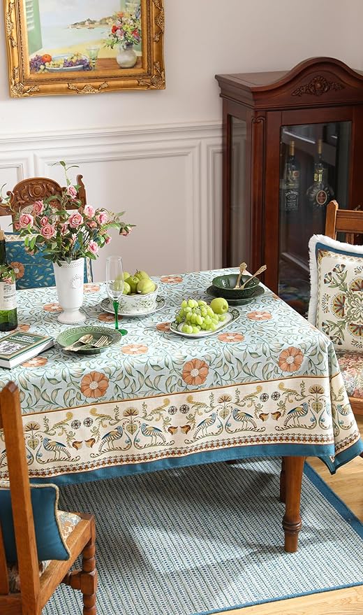 patdrea Designer French Linen Blue Tablecloth for Sqaure Table,Vintage Floral Table Cloth,Colorful Decoration Small Cover Kitchen Dining for Tea Party,Thanksgiving,Christmas,67"x67"-Wensel