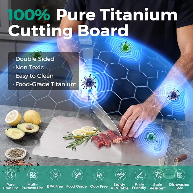 Katuchef Titanium Cutting Board - Upgraded 100% Pure Titanium Cutting Boards for Kitchen Non Toxic, Double-Grade Hygiene Durable Non Moldy Dishwasher Safe Meat Fruit Metal Board (1PC 8x11.5 Inch)