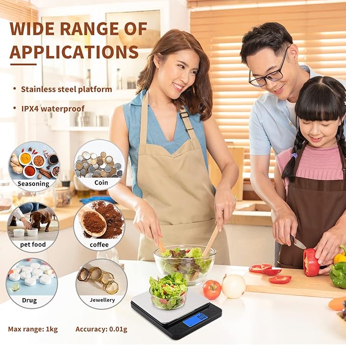 Small Digital Gram Scale 1000g by 0.01g, MEIYA High Accuracy Scale for Food Ounces and Grams, Upgrade USB Charging Kitchen Scale Digital Weight for Cooking, Baking, with Tare Function, 9 Units, 2 Tray