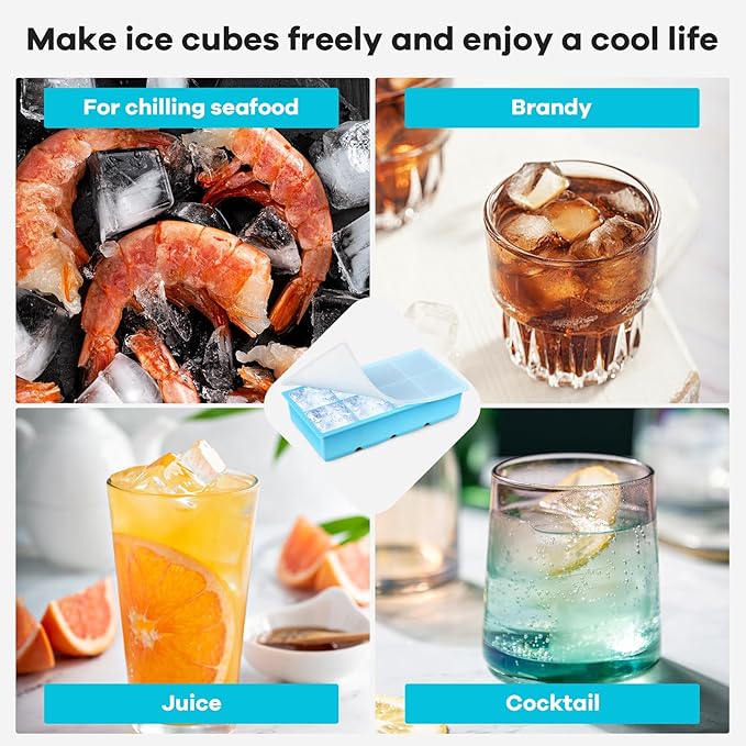 8 Grids Large Ice Cube Trays - Silicone Ice Cube Tray with Lid, Silicone Large Ice Cube Trays Easy Release, Silicone Ice Cube Molds Big Square Ice Maker Tray BPA Free for Cocktail, Whiskey, Coffee