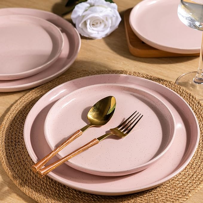 AmorArc Ceramic Dinnerware Sets for 8, 24 Pieces Handpainted Speckled Plates and Bowls Set with Rustic Terracotta Underside, Scratch Resistant Stoneware Dishes Set, Dishwasher & Microwave Safe, Pink