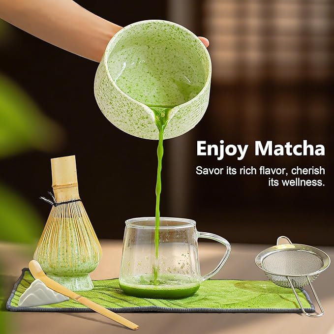 BEWOS 8 Pcs Matcha Whisk Set - 18OZ Ceramic Bowl with Spout, Matcha Sifter, Matcha Whisk Holder & Bamboo Matcha Whisk | Matcha Scoop, Complete Japanese Tea Ceremony Kit for Matcha Lover(Mottled Green)