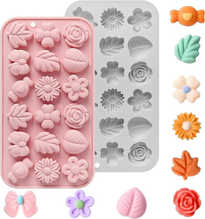 2PCS Silicone Flower Molds,Flower Chocolate Mold,Rose Leaf Tulip Daisy Bow Tie Candy Molds Silicone Gummy Jello Ice Cube Baking Soap Pudding Cookie Molds for Desserts Making,Cupcake Toppers,Cake Decor