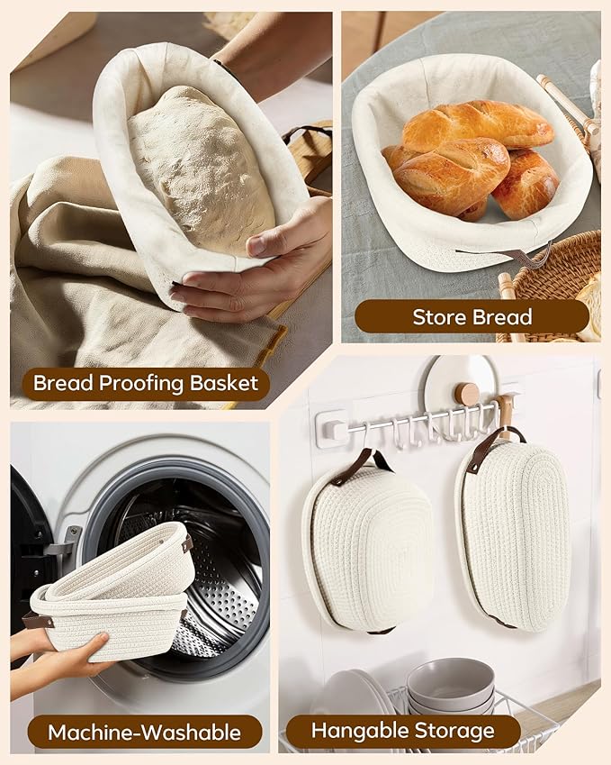 Feagar Banneton Bread Proofing Basket Set - 2 Pack Oval Cotton Rope Bread Basket with Liners, Covers & Proofing Cloth for Artisan Bread Baking, Sourdough Bread Baking Supplies
